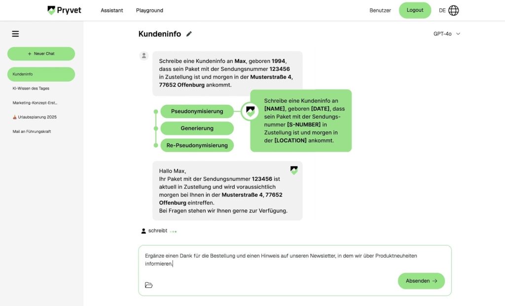 Screenshot des Assistants, Grüner Chatbildschirm mit Sprechblasen, schwarzem Text, weißem Hintergrund, grünen Buttons und Benutzerinterface-Elementen.