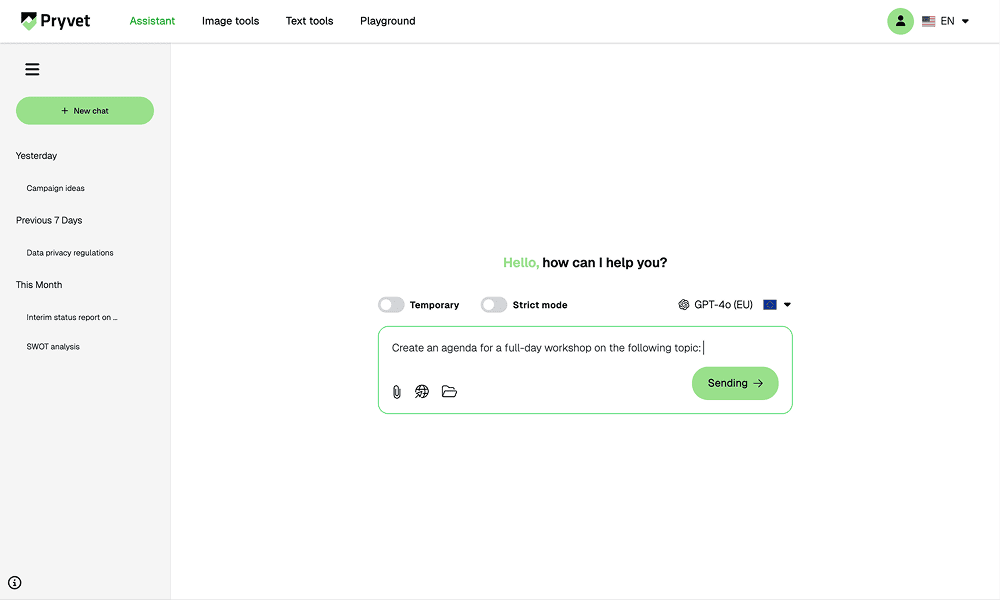 Screenshot of the Assistant, green chat screen, black text, white background, green buttons and user interface elements.