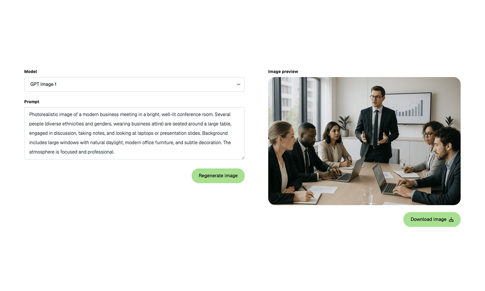 Screenshot of Pryvet’s image tools, featuring a white and green user interface. On the left, a text field for the prompt; on the right, the generated image.