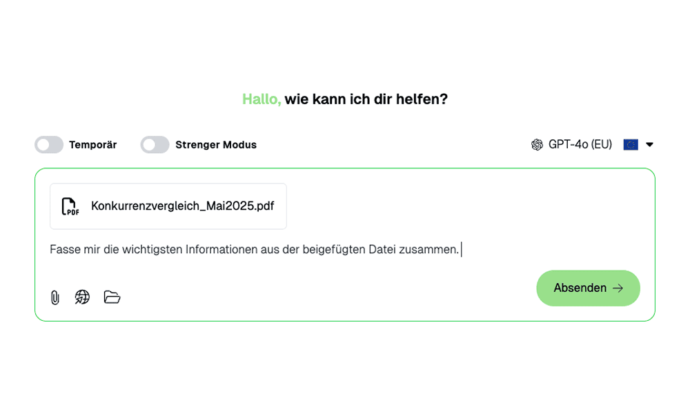 Screenshot zur Veranschaulichung der Multi-Modalität. Benutzeroberfläche mit Eingabefeld, grünem Rand, weißem Hintergrund und schwarzen Icons.